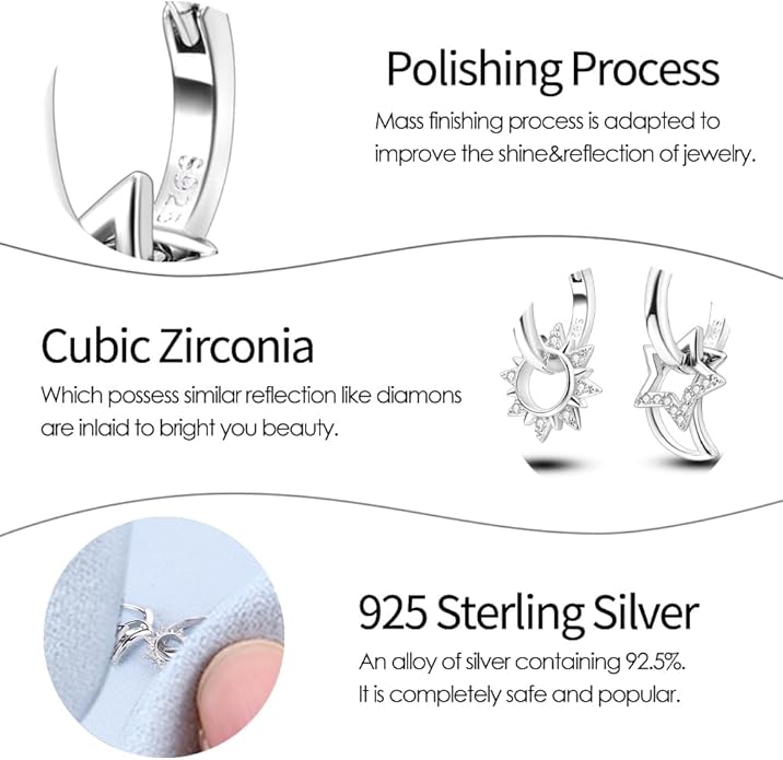 925 Sterling Silver Women Earrings, Sparkling Star and Moon Earrings, Various Hypoallergenic Earrings, Best Gift for Women