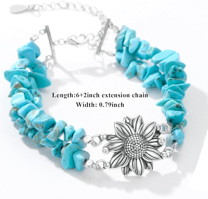 Boho Genuine Turquoise Bracelet for Women Western 925 Sterling Silver Gemstone Tree of Life Dream Catcher Sunflower Bracelets Jewelry for Her