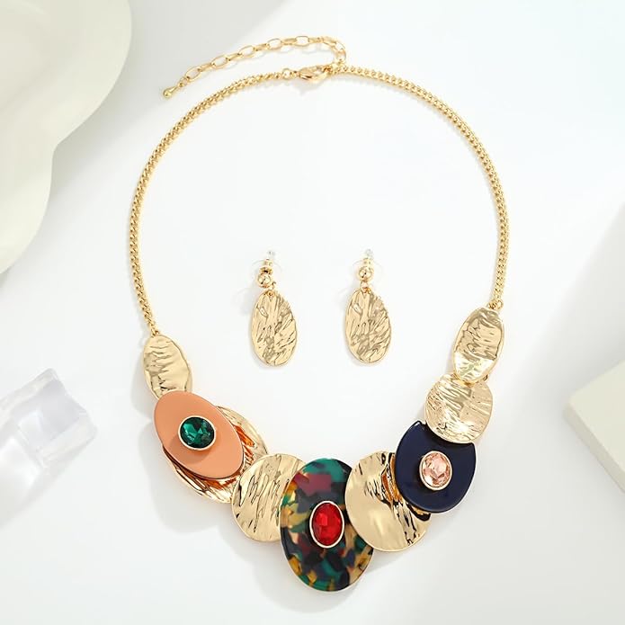 Chunky Statement Jewelry Set Vintage Retro Leaf Flower Floral Geometric Bohemian Boho Bib Necklace Earring Set Fashion Costume Jewelry for Women Girls Wedding Party Prom Unique Gift