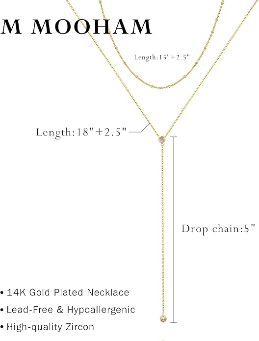M MOOHAM Gold Lariat Necklace for Women - Dainty 14K Gold Plated Y-Shaped Long Drop Necklace Pearl Cross Clover Butterfly Cubic Zirconia Charm Layered Necklaces for Women Simple Jewelry Gifts