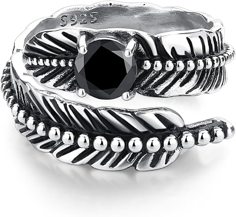 Sterling Silver Feather Ring with Black Onyx & Turquoise - Adjustable Stacking Vintage Statement Ring for Women & Men