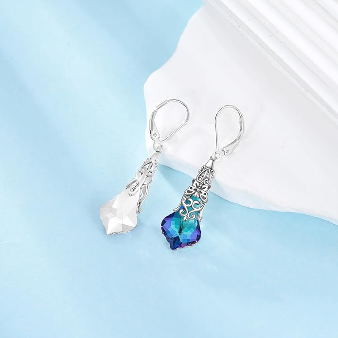 Austrian Crystal Dangle Drop Leverback Earrings for Women 925 Sterling Silver Vintage Oxidized Butterfly Filigree Hypoallergenic Jewelry