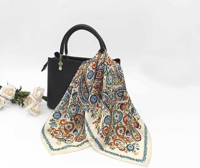 ANDANTINO 100% Pure Mulberry Silk Small Square Scarves -21'' x 21''- Digital Printed Neckerchief –Women Men Lightweight Scarf