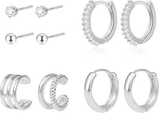 Stud Earrings for Women Hypoallergenic Sterling Silver Post Hoop and Studs Earrings Set for Multiple Piercing Small Ball Cubic Zirconia Earring Studs for Women Trendy Jewelry Gifts（6 Pairs）