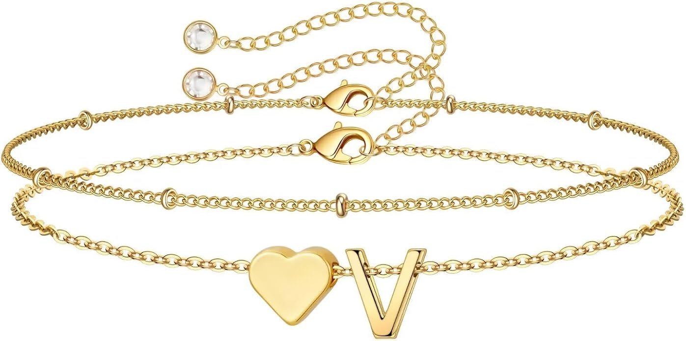 M MOOHAM Christmas Gifts for Grandkids Teens Girls -14K-Gold-Plated Heart Initial Bracelets for Women Girl Dainty Gold Bracelets Birthday Gift Stocking Stuffers for Women Teenage Girls Kids Gifts
