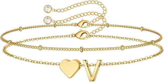 M MOOHAM Christmas Gifts for Grandkids Teens Girls -14K-Gold-Plated Heart Initial Bracelets for Women Girl Dainty Gold Bracelets Birthday Gift Stocking Stuffers for Women Teenage Girls Kids Gifts