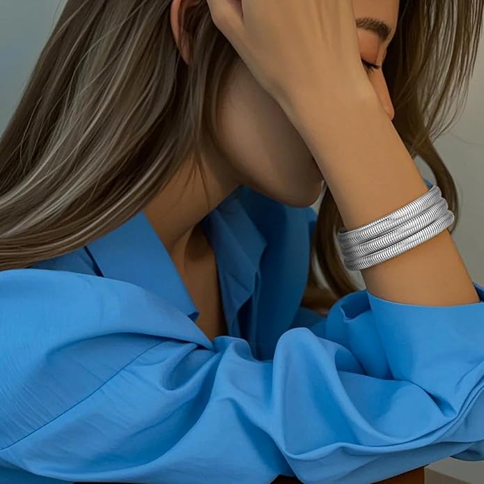 Emibele Gold Bangles Bracelet Set for Women, 18K Gold Plated Chunky Stainless Steel Non Tarnish Stretch Bracelet Stack, Flexible Wide Wristband Bangle Layered Snake Chain Bracelets