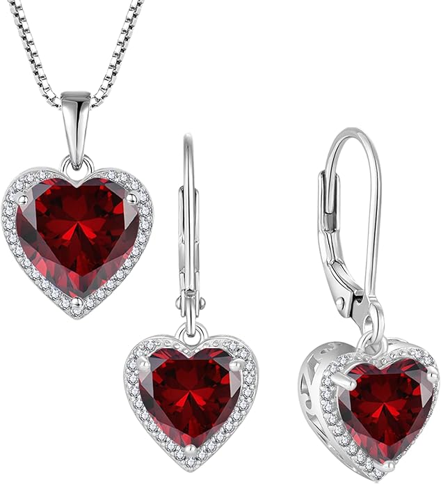 Love Heart Jewelry Set for Women Garnet Necklace & Earrings January Birthstone Jewelry