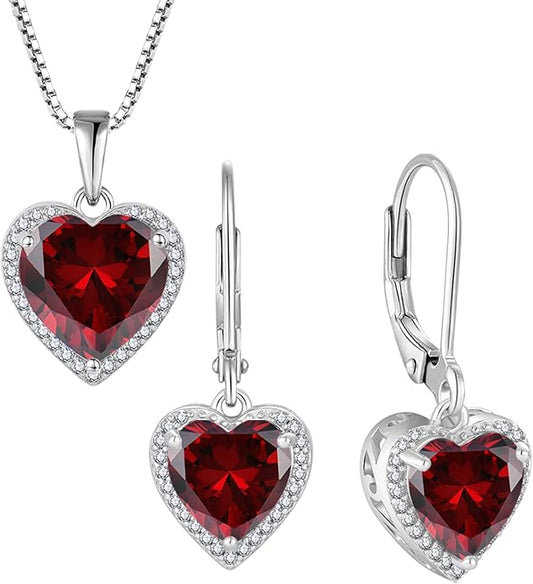Love Heart Jewelry Set for Women Garnet Necklace & Earrings January Birthstone Jewelry