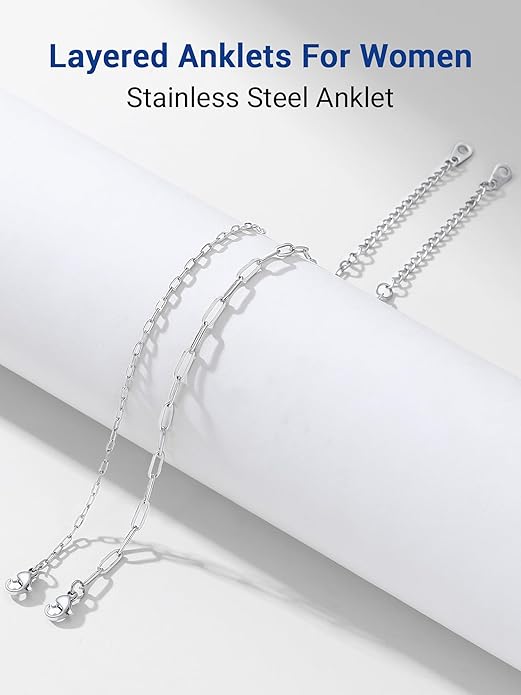 PROSTEEL Stainless Steel Chain Anklets for Women, Silver/Gold Tone, Ankle Bracelets Hypoallergenic, 8-10.5 Inch Adjustable, Come with Box