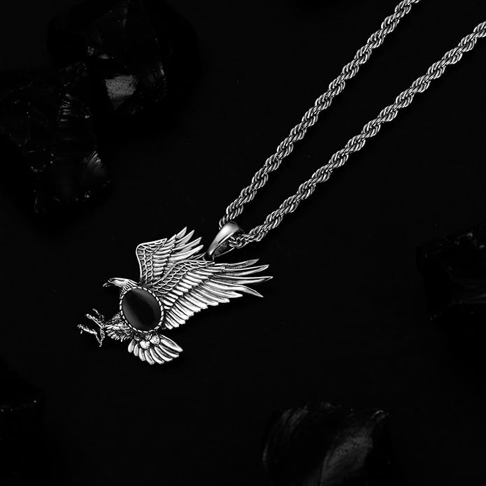 BETHZA Eagle Necklace for Men 925 Sterling Silver Real Gemstone Vintage Hawk Pendant Western Viking Animal Jewelry Gifts for Father
