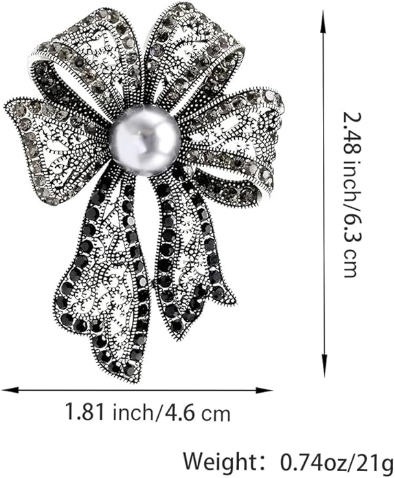 Elegant Vintage Silver Metal Bowtie Brooch with Black Pearl Accent - A Timeless Treasure for Every Occasion