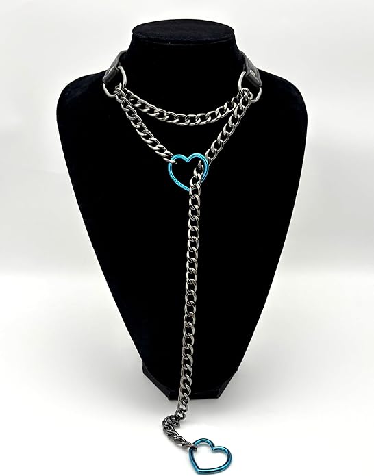 Black Leather Choker Collar For Women, Handmade Heart Slip Chain Choker Long Necklace with Adjustable Buckle