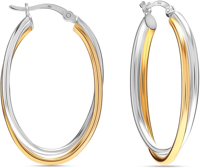 LeCalla 925 Sterling Silver Chunky Hoop Earrings | 14K Two-Tone Three-Tone Hoop Earrings | Intertwining Oval Shape Polished Twisted Hoop Earrings for Women