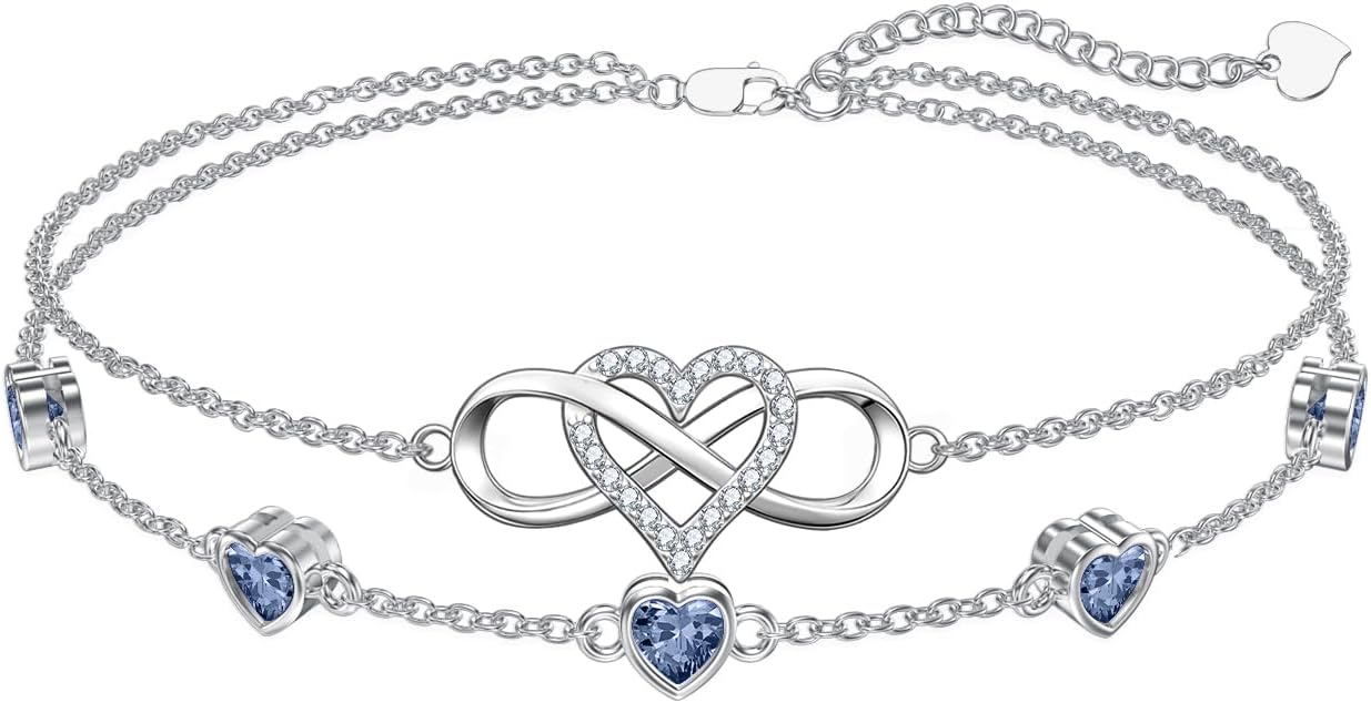 Dorunmo 925 Sterling Silver Infinity Heart Birthstone Anklet Bracelets for Women Best Mother's Day Birthday Jewelry for Wife Girlfriend Mom Her