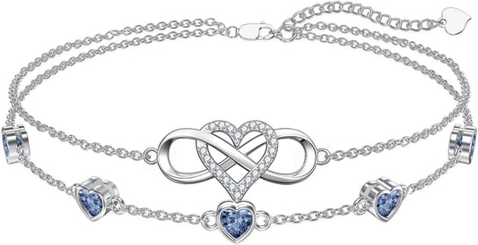 Dorunmo 925 Sterling Silver Infinity Heart Birthstone Anklet Bracelets for Women Best Mother's Day Birthday Jewelry for Wife Girlfriend Mom Her