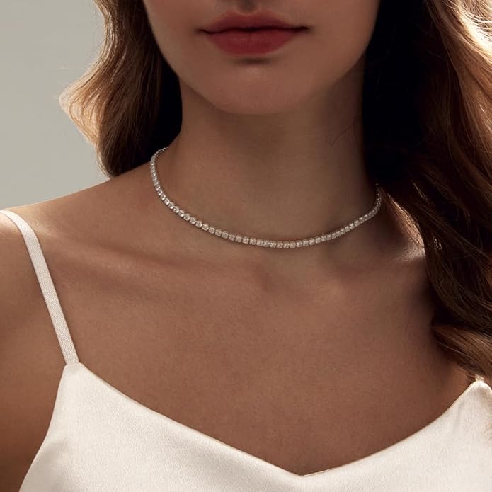 Tennis Necklace Bracelet for Women, Sterling Sliver, Dainty Chocker Necklace, Crystal Bracelet for Women, Wedding Jewelry for Bride, Sparkly Party Prom Hypoallergenic