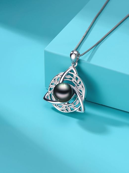 KANNSOAR Tahitian Black Pearl AAAA 18K White Gold Plated Sterling Silver Leaf Celtic Knot Pendant Necklace for Women Wife Mom Girlfriend Her Jewelry Gift for Anniversary Birthday
