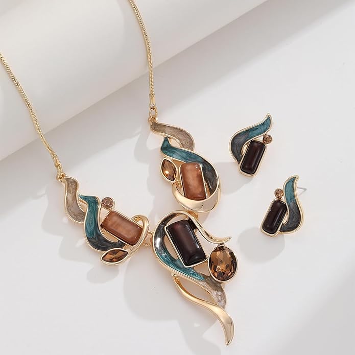 Chunky Statement Jewelry Set Vintage Retro Leaf Flower Floral Geometric Bohemian Boho Bib Necklace Earring Set Fashion Costume Jewelry for Women Girls Wedding Party Prom Unique Gift