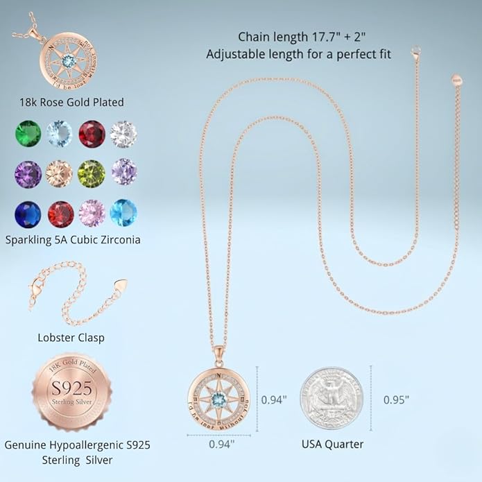 Compass Necklace for Women Wife Girlfriend Mom Daughter Gifts S925 Silver Jewelry For Anniversary Rose Gold Gifts For Birthday Christmas Mothers Valentines Day 12 Birthstones