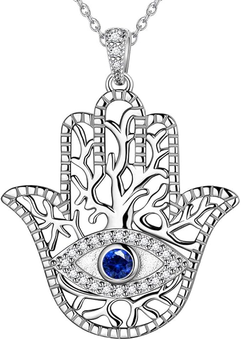 Evil Eye Necklace Evil Eye Hamsa Hand of Fatima Necklace 925 Sterling Silver Fine Jewelry Gifts for Womens White Blue CZ Third Eye Stud Earrings Turkish Eye Ring Hamsa Hand Jewelry Set Gifts Valentine Day Chrismtas Gifts