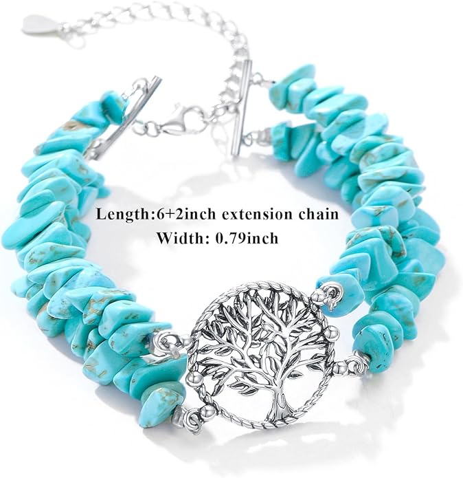 Boho Genuine Turquoise Bracelet for Women Western 925 Sterling Silver Gemstone Tree of Life Dream Catcher Sunflower Bracelets Jewelry for Her