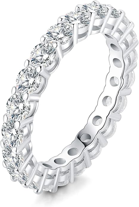 JewelryPalace 6 Stone Cubic Zirconia Half Eternity Stackable Wedding Rings for Women, 14K White Yellow Rose Gold Plated 925 Sterling Silver Promise Rings for Her, Simulated Diamond Wedding Band Ring