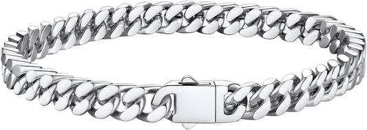 Bestyle Thick Mens Cuban Link Chain Bracelets, Durable Real 18K Gold/Black Metal Plated Solid Stainless Steel Hand Chain Cuban Bracelets for Men, Silver Black Gold Bracelets for Father Husband
