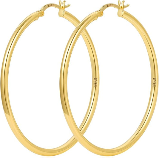 YOUNGYUE 925 Sterling Silver Hoop Earrings for Women Hypoallergenic Oversize 14K Gold Hoops Earrings for Women Thin Gold Plated Hoop earrings Lightweight Large Silver Hoop Earrings 30/40/50/60/70mm