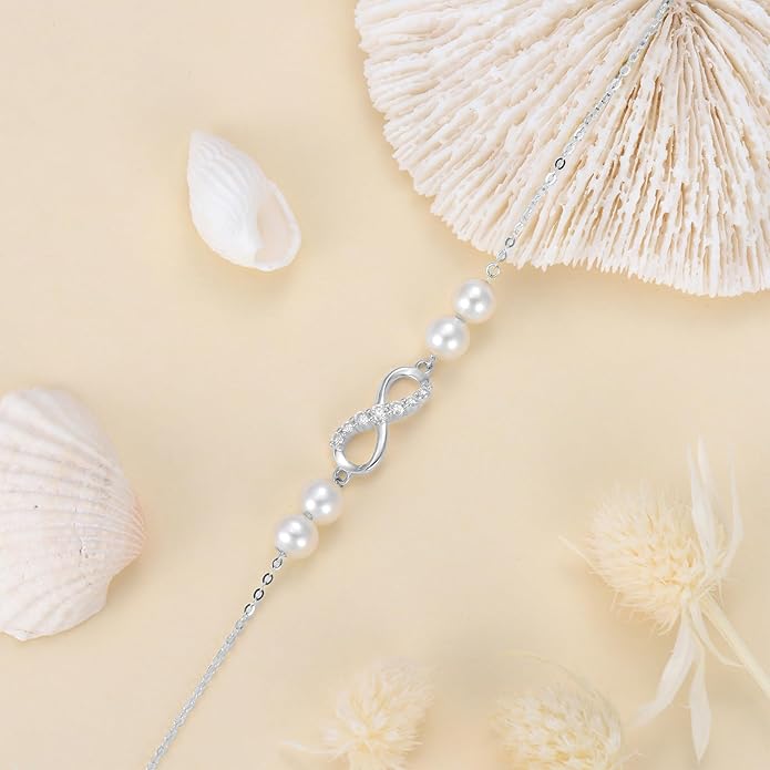 SISGEM 10k Gold Infinity Anklet for Women, Real Freshweter Cultured Pearl and Created Moissanite Love Jewelry Ankle Bracelet for Her, 9.4-11 Inches