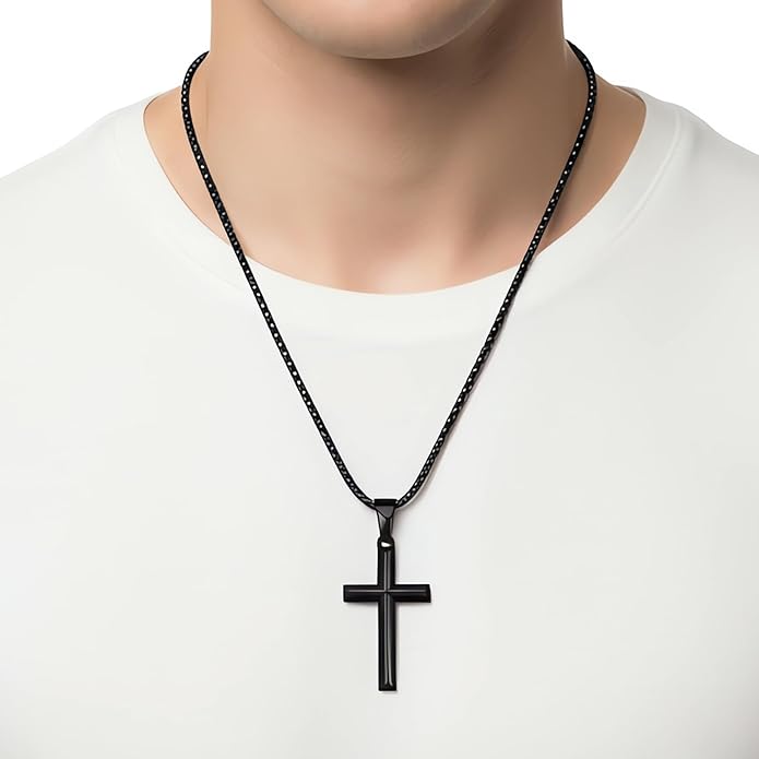 Fiusem Beveled Edge Cross Necklace for Men, Silver Tone/Black/14K Gold Plated Mens Cross Necklace, 2.5MM Stainless Steel Box Chain with Pendant