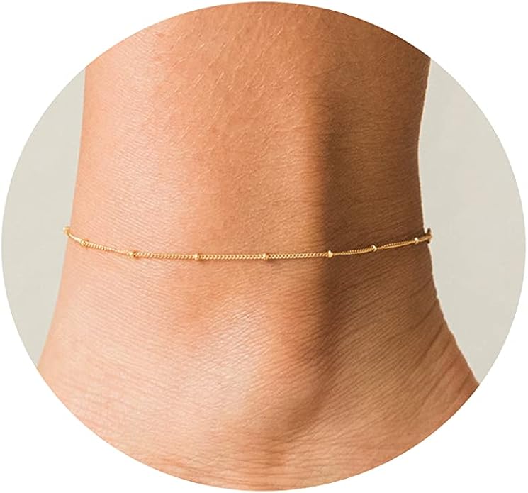Dainty Ankle Bracelets for Women 18K Gold Plated Satellite Beaded Herringbone Chain Anklets Simple Lip Chain Anklet Minimalist Summer Beach Foot Jewelry Christmas