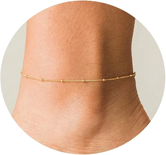 Dainty Ankle Bracelets for Women 18K Gold Plated Satellite Beaded Herringbone Chain Anklets Simple Lip Chain Anklet Minimalist Summer Beach Foot Jewelry Christmas