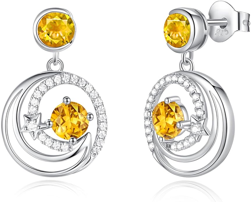 FANCIME Dangle Drop Earrings 925 Sterling Silver Moon Star Round Gemstone Birthstone Jewelry Birthday Christmas Gifts for Her Women
