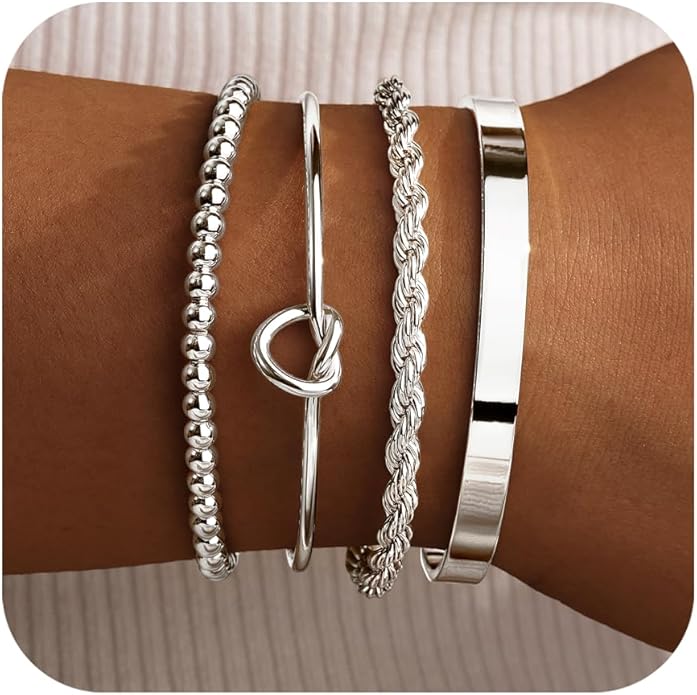Silver Bracelets for Women Stack, Silver or Gold Plated Cuff Bangle Set, Trendy Silver Jewelry for Women Fashion