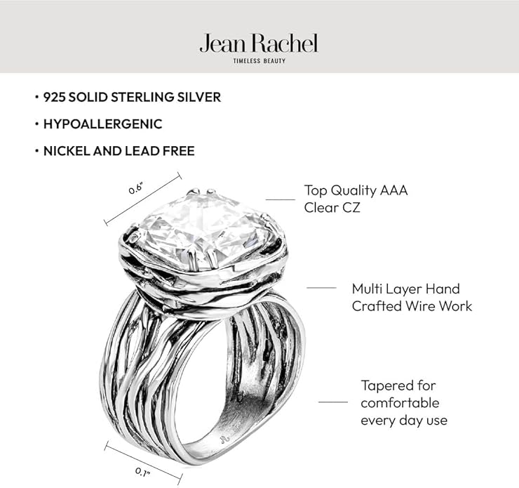 JEAN RACHEL JEWELRY 925 Sterling Silver Ring - Wrap Vintage Design with Cushion Shaped Cubic Zirconia - Hypoallergenic, Lead & Nickel Free - Artisan Handcrafted Statement Rings for Women