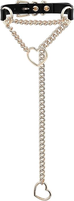 Handmade Black Heart Choker Collar For Women, Punk Gothic O-ring Slip Chain Necklace with Adjustable Vegan Leather Buckle