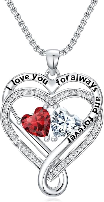 I Love You for Awlays and Forever Double Heart Necklace with Birthstone, 2 Birth Stone Jewelry Anniversary Valentines Mothers Day Christmas Birthday Gifts for Women Her Wife Girlfriend Mom Mother
