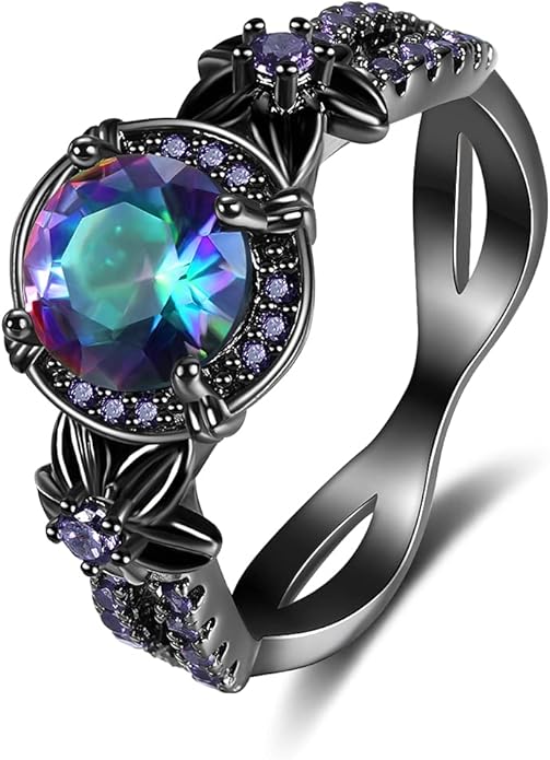 Gothic Black Rings for Women, Mystic Rainbow Topaz with Created Amethyst Flower Goth Black Gold Wedding Engagement Ring Size 6 to 11