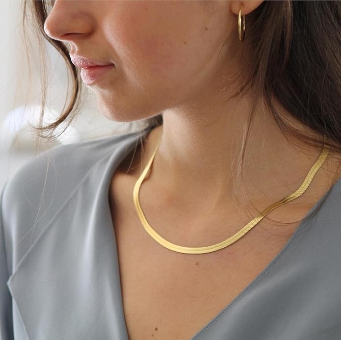 DEARMAY 14K Gold Plated Necklaces for Women, Dainty Gold Herringbone Choker Necklace Thin Layered Snake Chain Jewelry for Gifts