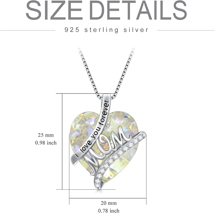 Mothers Day Gifts for Mom s925 Sterling Silver I Love You Forever Love Hear Mon Pendant Necklace with 12 Birthstone Jewelry Birthday Christmas Gifts for Women Grandma Mom Nana From Duaghter Son