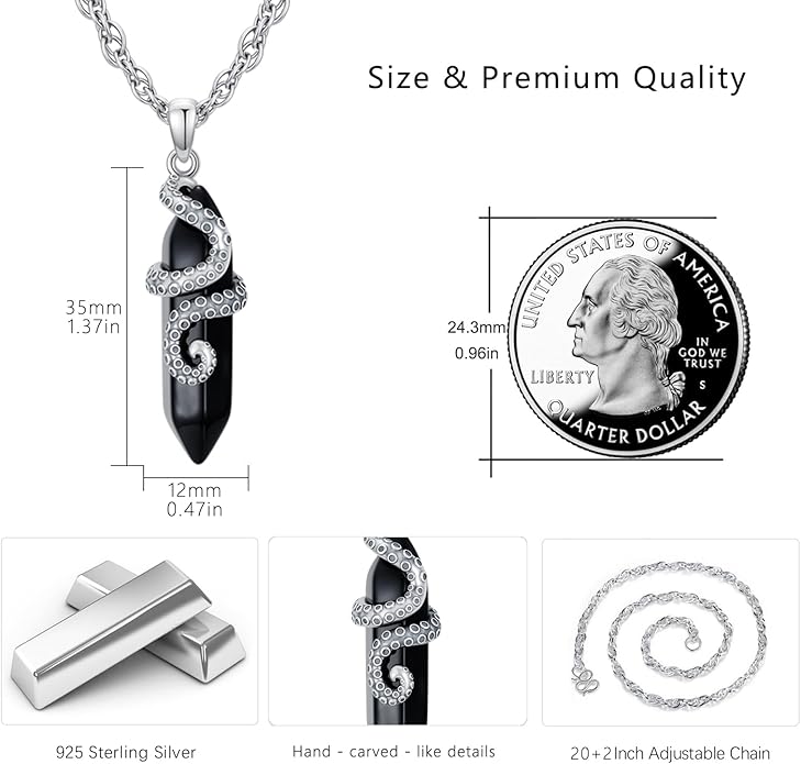 OHAYOO Octopus Tentacles Necklace 925 Sterling Silver Octopus Pendent Necklace Wrapped Obsidian Octopus Jewelry Gifts for Women