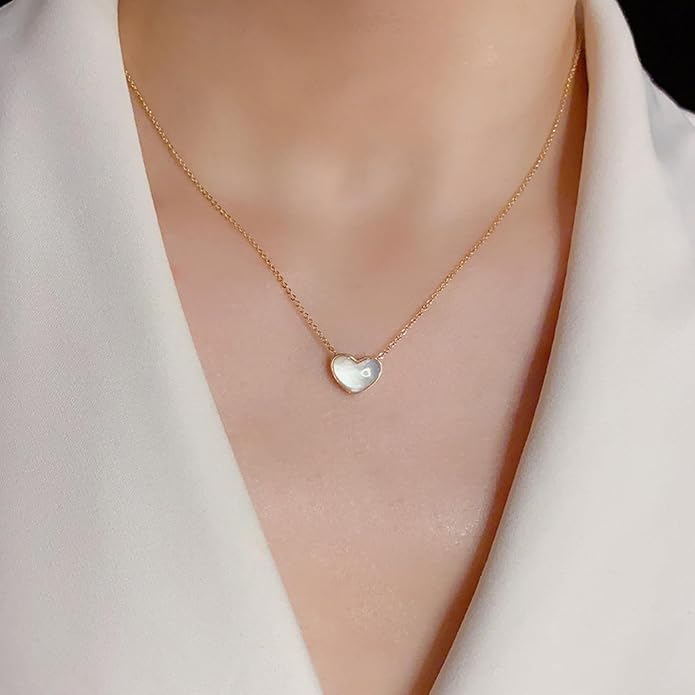 Mother of Pearl Heart Necklace for Women, Dainty Gold Plated Pendant Necklace, Minimalist Layering Jewelry, Simple Everyday Necklace, Sweet Gift for Birthday, Anniversary, Valentines