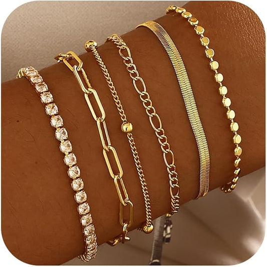 DEARMAY Waterproof Gold Plated Bracelets Set for Women Trendy, Dainty 14K Gold Jewelry Fashion Stackable Tennis Beaded Figaro Herringbone Paperclip Link Bracelet Pack Stack Gifts for Women