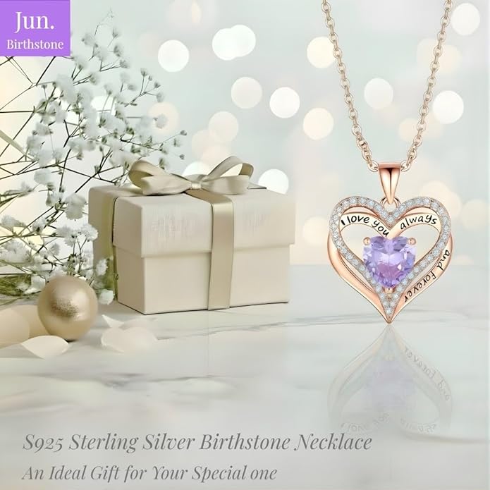 Birthstone Heart Necklace for Women Wife Girlfriend Mom Daughter Gifts S925 Silver Jewelry For Anniversary Rose Gold Gifts For Birthday Christmas Mothers Valentines Day