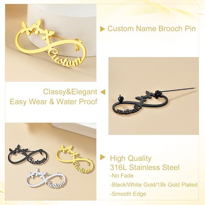 Custom4U Custom Name Pin Personalized Brooch Pins for Women Men Stainless Steel Name Tag with Letters/Initials - Silver/Gold/RoseGold/Black Customized Jewelry Gifts for Birthday Wedding Business Party