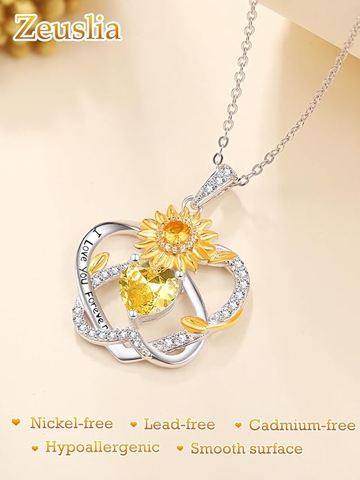 Zeuslia Double Birthstone Necklace Gifts for Wife - 925 Sterling Silver Sunflower/Rose/Crown Cross/Compass/Heart Pendant I Love You Necklace, Anniversary Birthday Gifts for Wife Girlfriend Mom Her