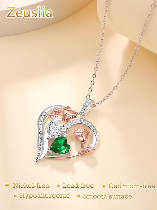 Zeuslia Double Birthstone Necklace Gifts for Wife - 925 Sterling Silver Sunflower/Rose/Crown Cross/Compass/Heart Pendant I Love You Necklace, Anniversary Birthday Gifts for Wife Girlfriend Mom Her