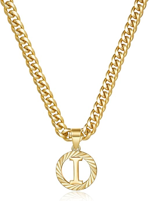 KissYan Gold Initial Necklace,14K Gold Plated Round Letter Pendant Hollow Capital Monogram 5mm Cuban Chain Necklace Alhpabets from A-Z Dainty Jewelry for Women Men