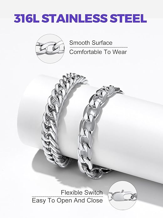 Richsteel 2PCS/3PCS Bracelets Chain for Men Women Stainless Steel Silver/Gold/Black Cuban/Rope Link Chain Bracelets Set, 7.4/8.2/9 Inch Hand Chain Length for Men Women Jewelry